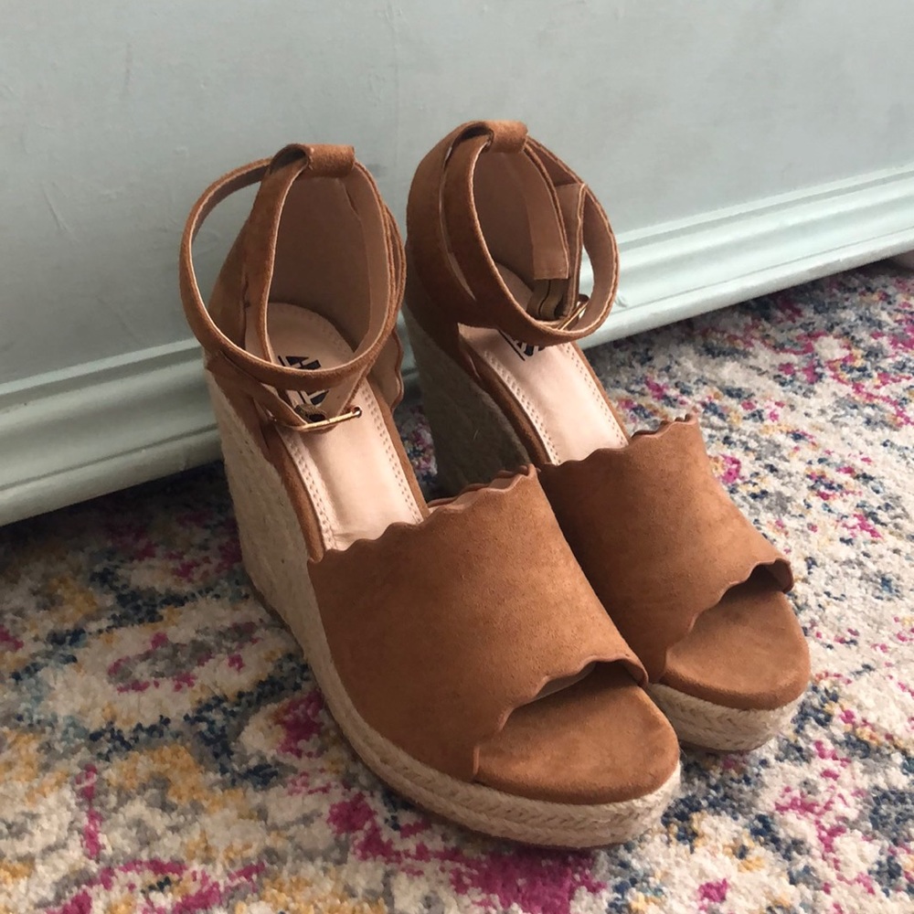 Brown faux suede wedges